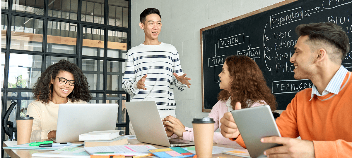 Team collaborating in a modern office setting.