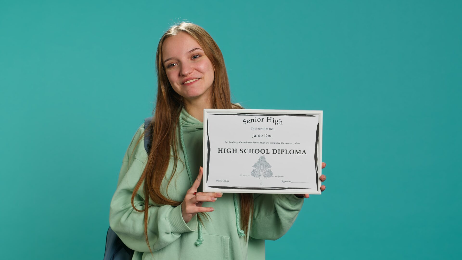 Portrait of smiling student holding high school diploma, celebrating passing classes with high marks, attending graduation ceremony. Happy young girl delighted about receiving certification, camera A
