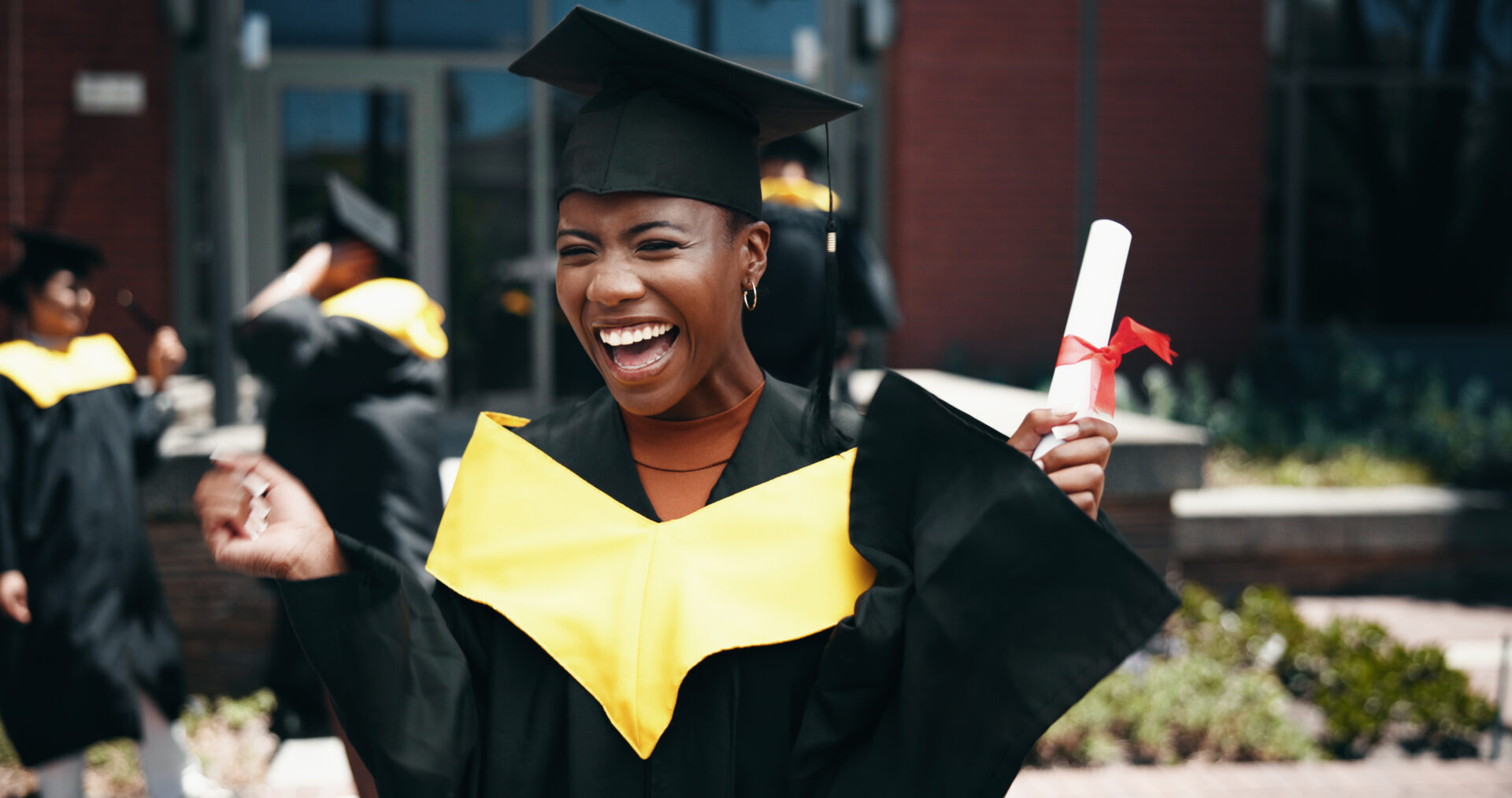 Graduation, portrait and woman with degree, excited and celebration of education, event or confident. Outdoor, success and person with certificate, university and cap for ceremony, joy or scholarship